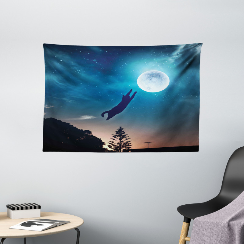 Cat Catching Moon Stars Wide Tapestry