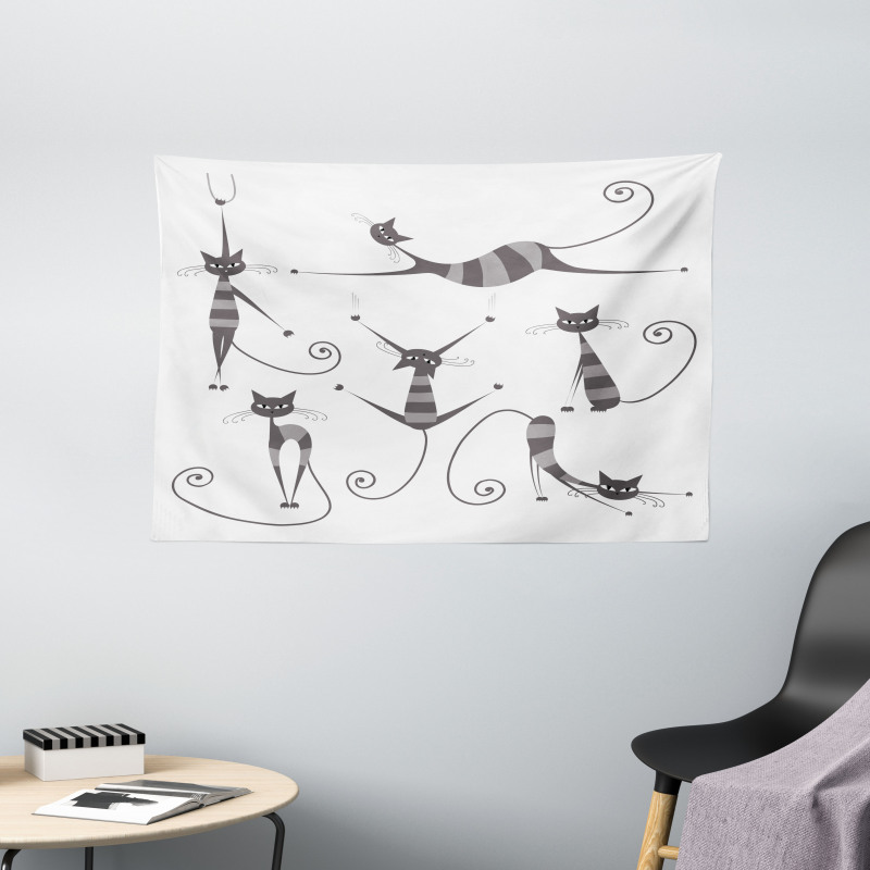 Funny Skinny Striped Cat Wide Tapestry