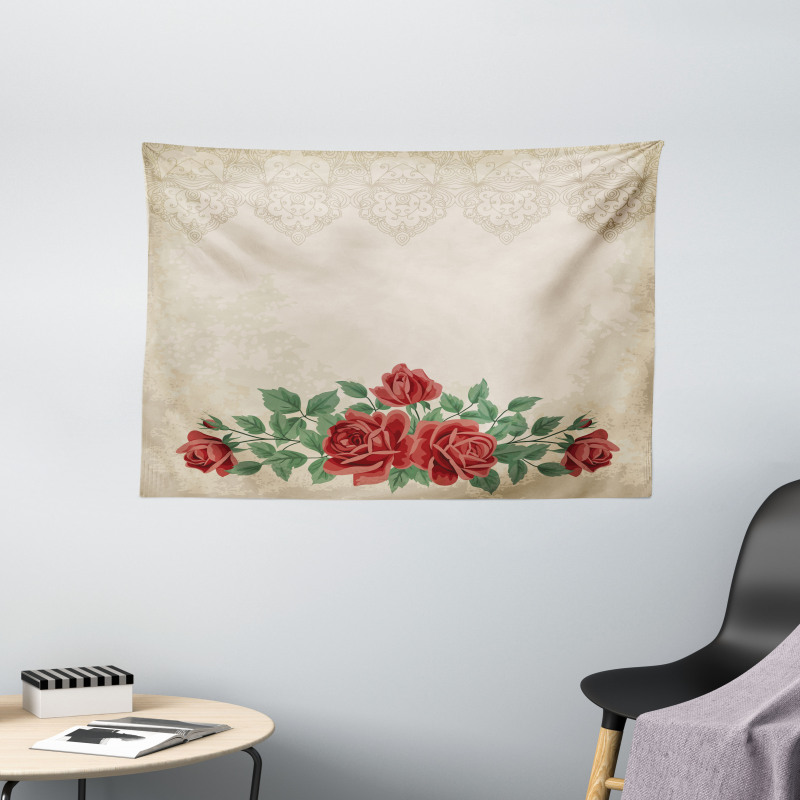 Vintage Love Red Roses Wide Tapestry