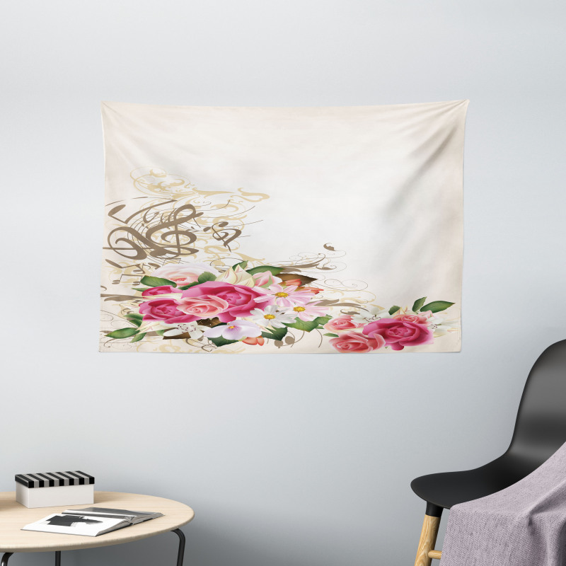 Flowers and Music Notes Wide Tapestry