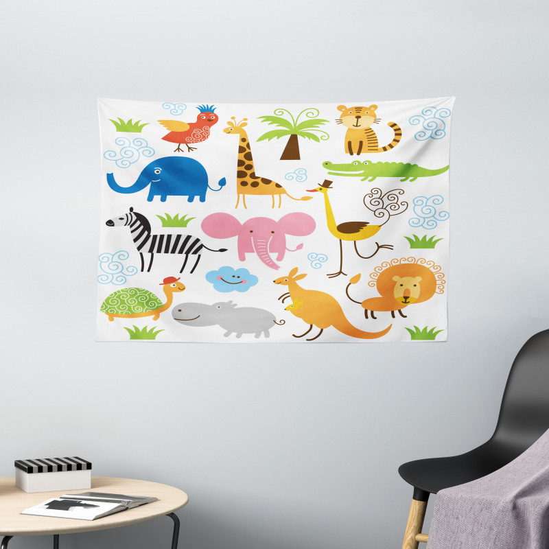 Safari Giraffe Elephant Wide Tapestry