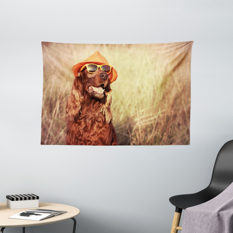 Dog Wearing Hat Glasses Wide Tapestry