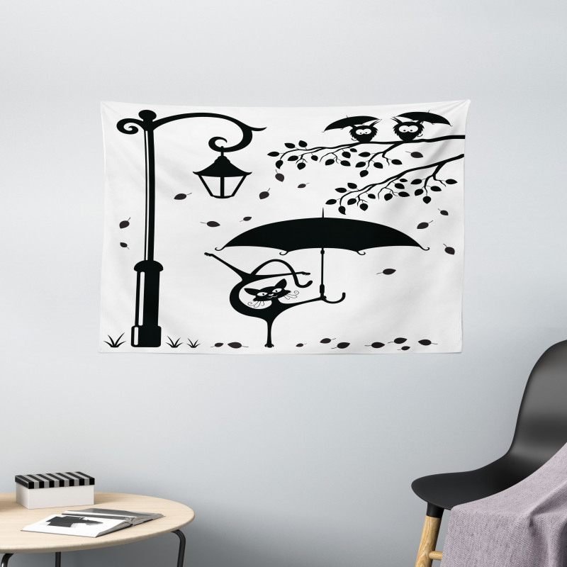 Funny Kitty with Umbrella Wide Tapestry