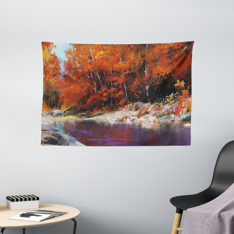 Autumn Forest with Rock Wide Tapestry