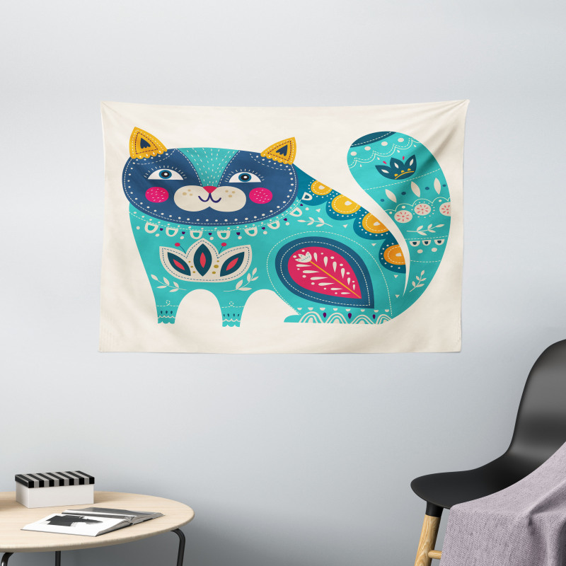 Paisley Style Cat Kitten Wide Tapestry