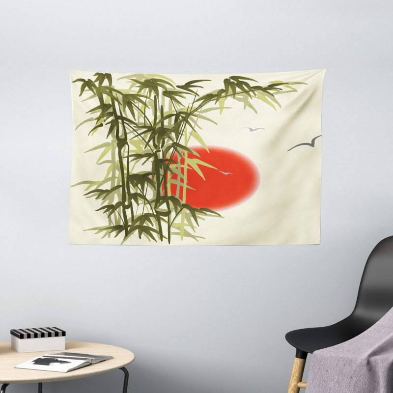 Asian Branch on Sunset Birds Wide Tapestry