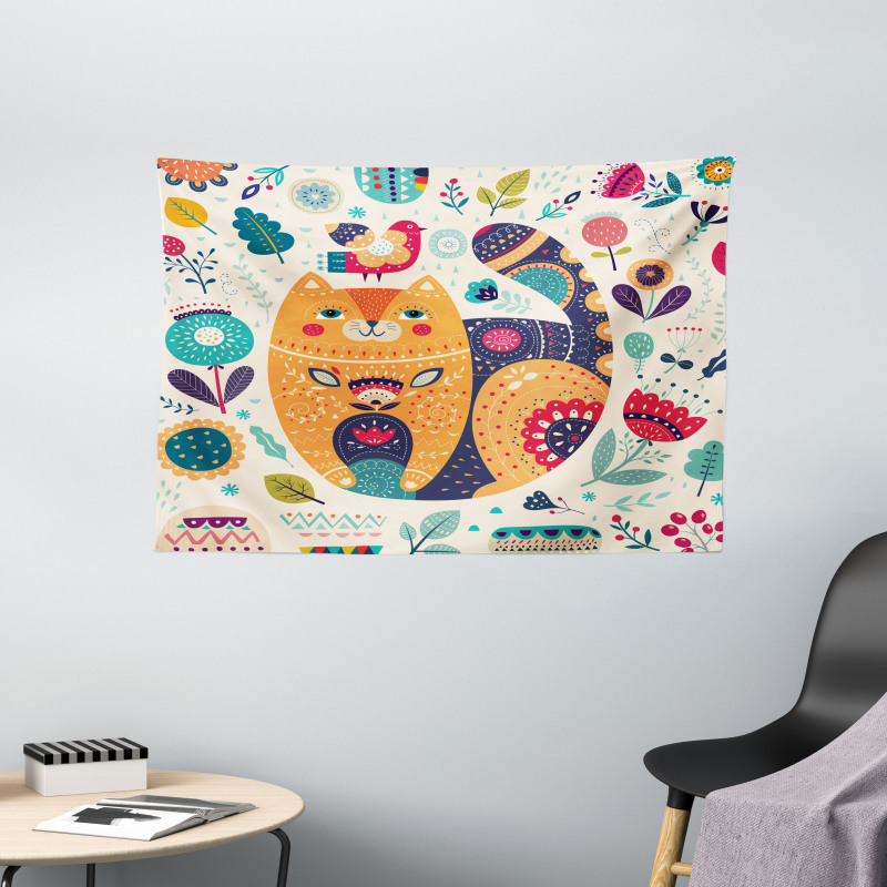 Cat and Flower Leaf Wide Tapestry
