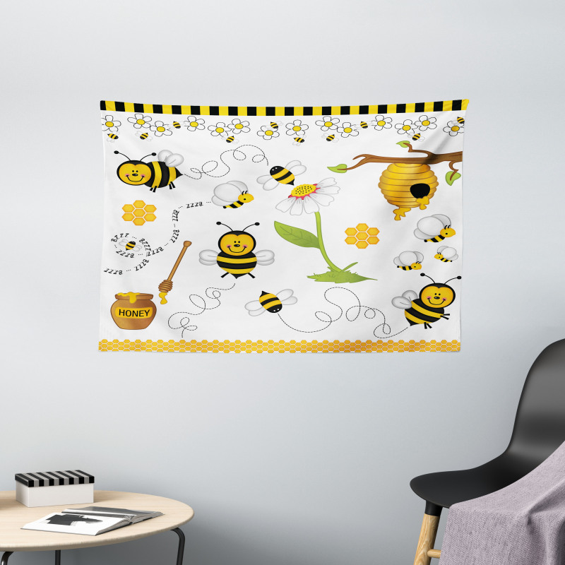 Bees Daisies Chamomile Wide Tapestry