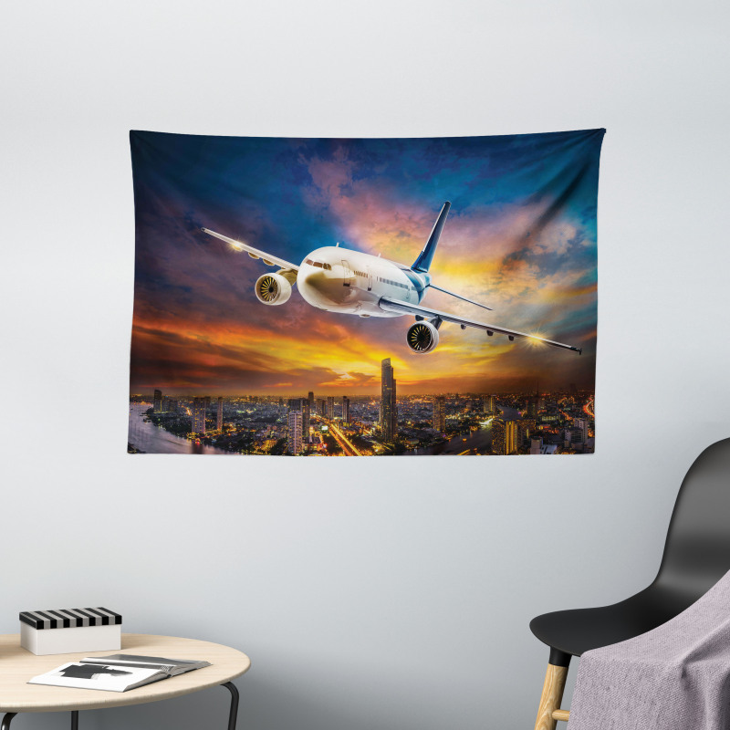 Night Scene with Plane Wide Tapestry