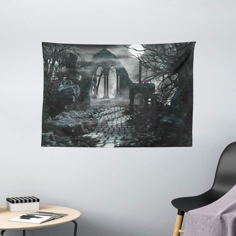 Moon View in Scary Dark Wide Tapestry