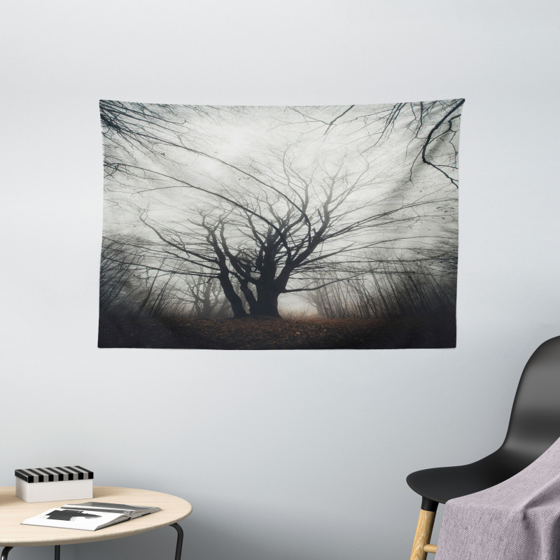 Autumn Tree in Fog Dark Wide Tapestry