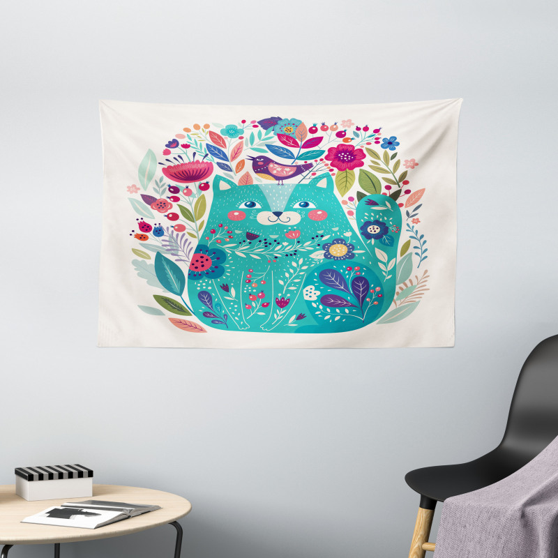 Kitty with Flower and Bird Wide Tapestry