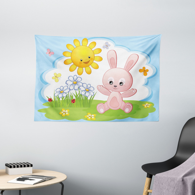 Rabbit in Garden Wide Tapestry