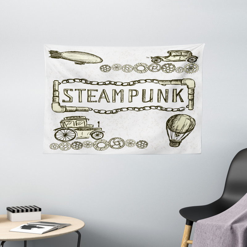 Sketch Old Car Balloon Wide Tapestry