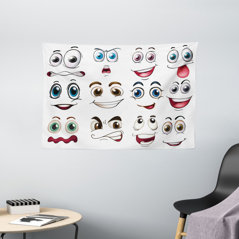 Hand Drawn Emoji Faces Wide Tapestry