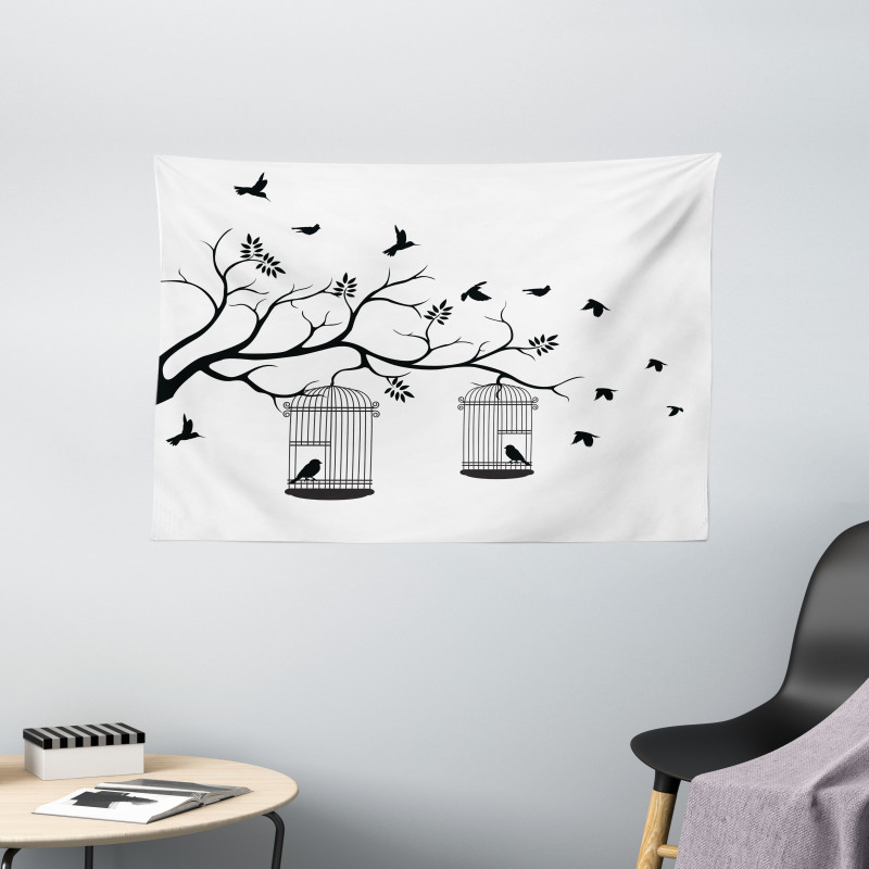 Birds Flying to Cages Wide Tapestry