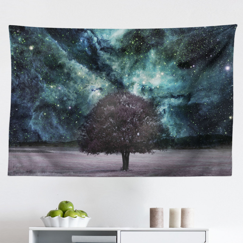 Gökyüzü Mikrofiber Geniş Duvar Halısı Nebula ve Ağaç Desenli