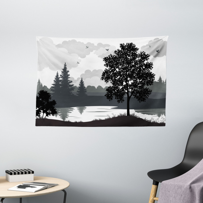 Trees Birds Cloudy Sky Wide Tapestry