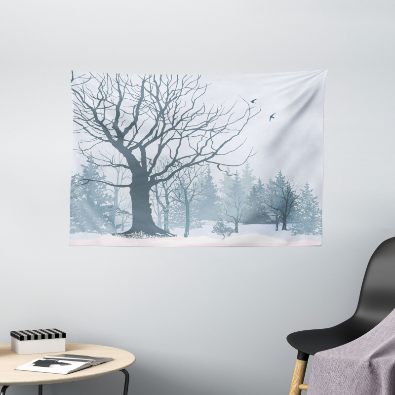 Snowy Forest Trees Birds Wide Tapestry