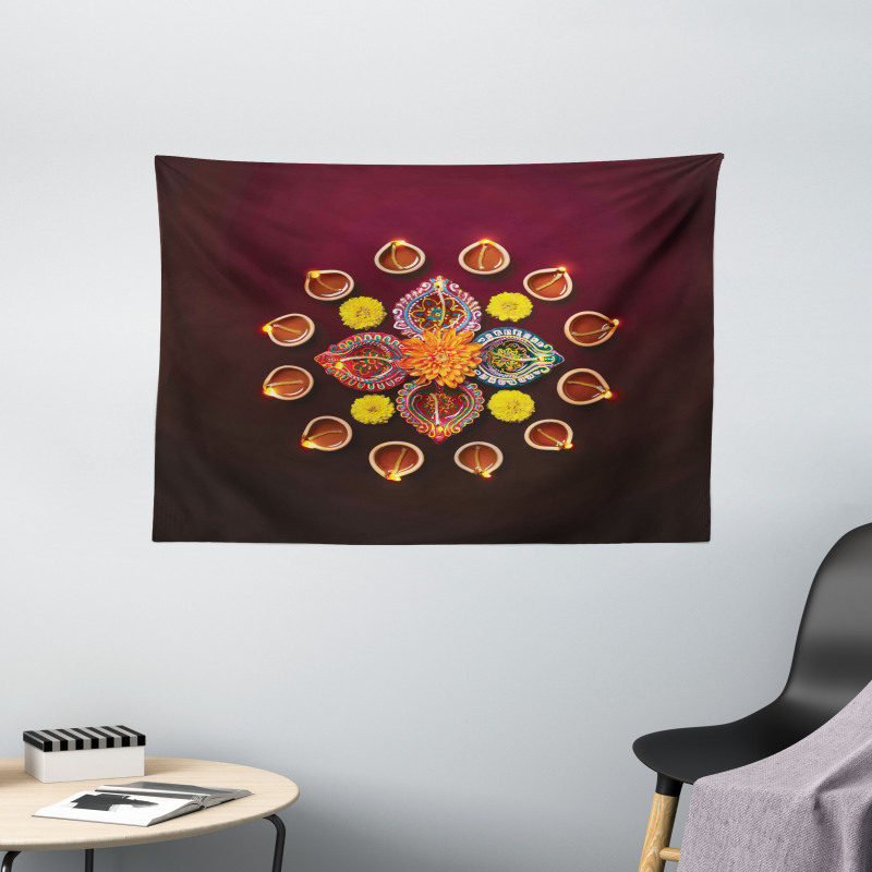 Flowers Burning Candles Wide Tapestry