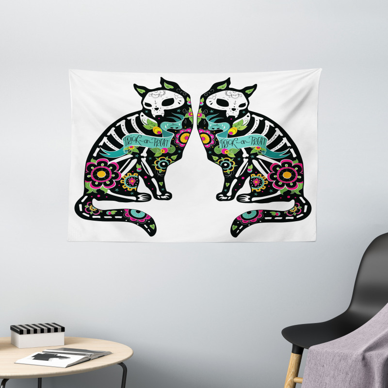 Skeleton Cats Skull Wide Tapestry