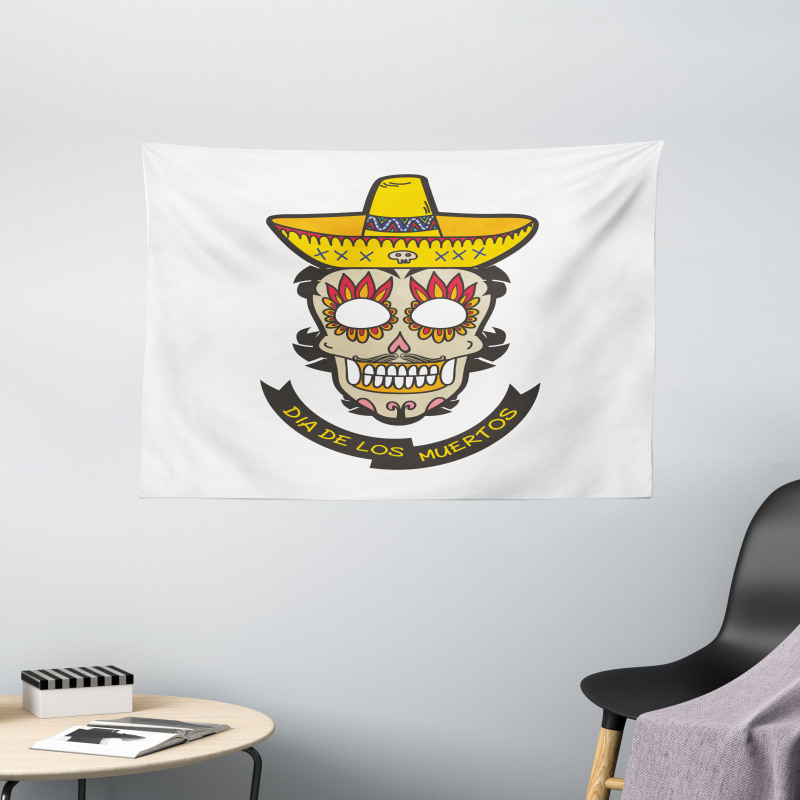 Skull with Sombrero Wide Tapestry
