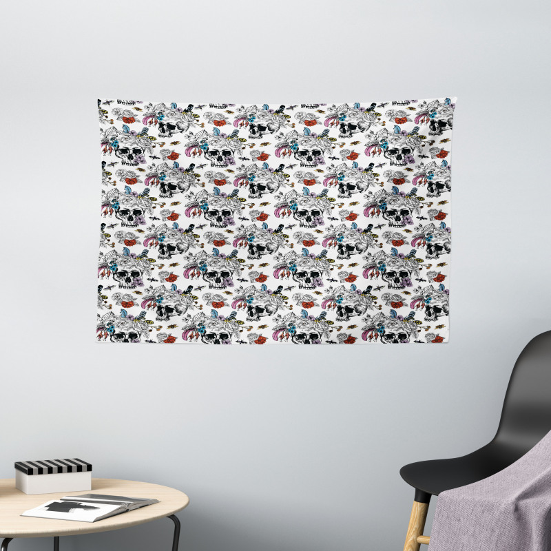 Skulls and Flowers Wide Tapestry
