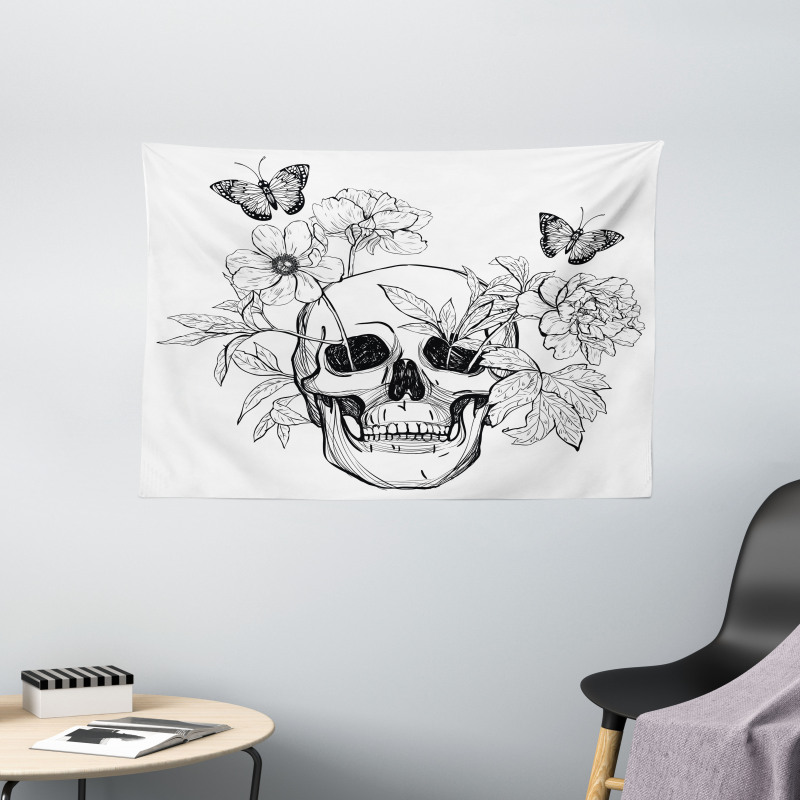 Skulls Butterflies Wide Tapestry