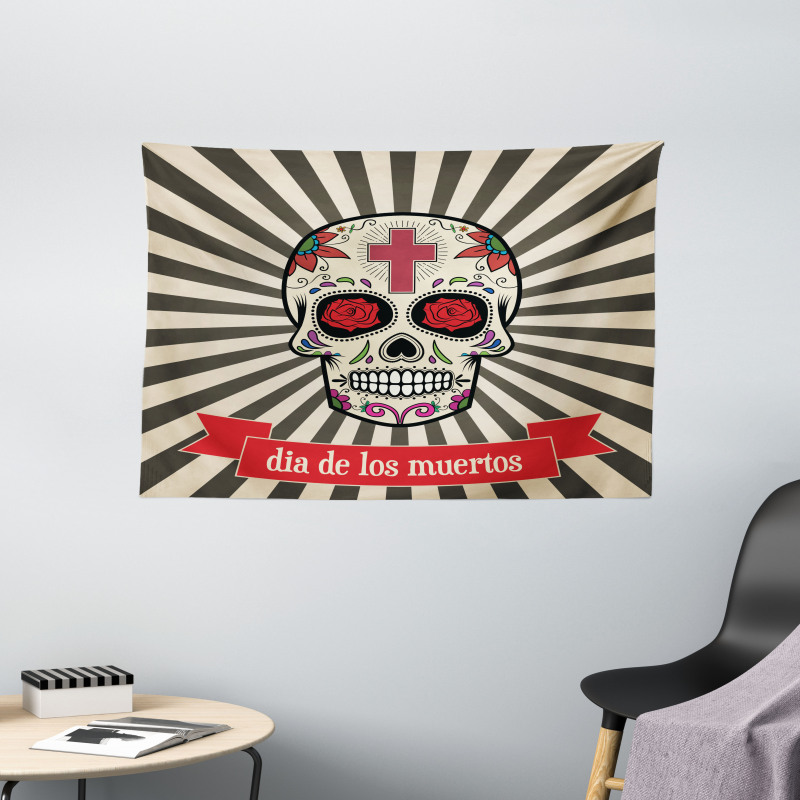 Skull on Sunburst Wide Tapestry
