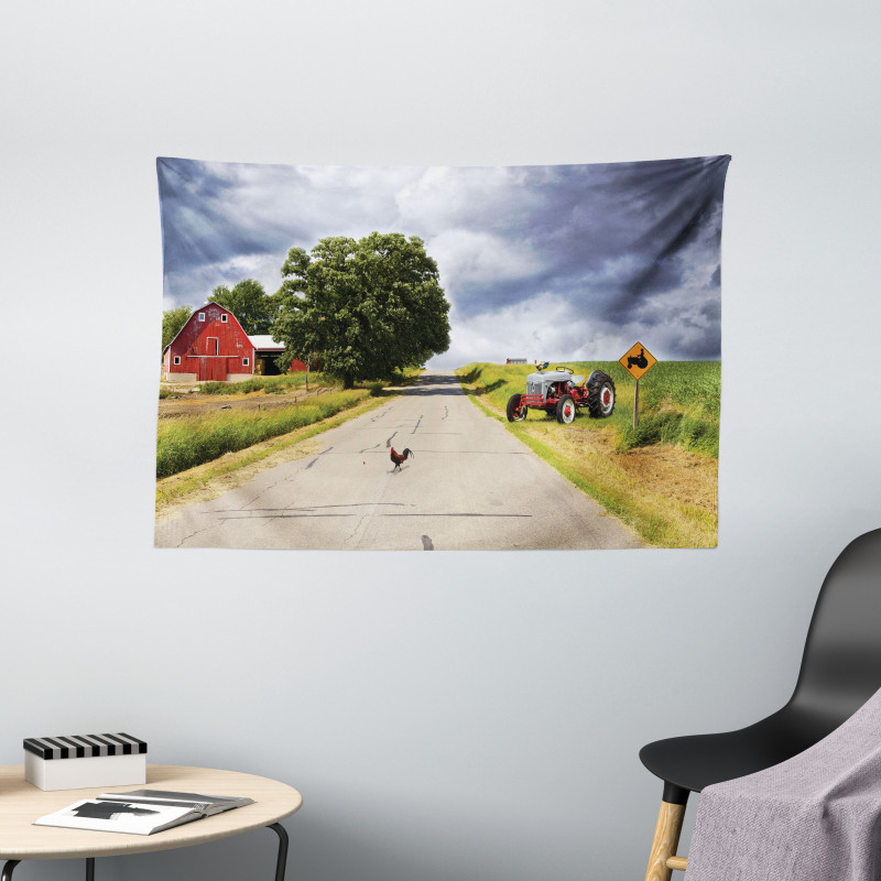 Barn and Tractor on Side Wide Tapestry