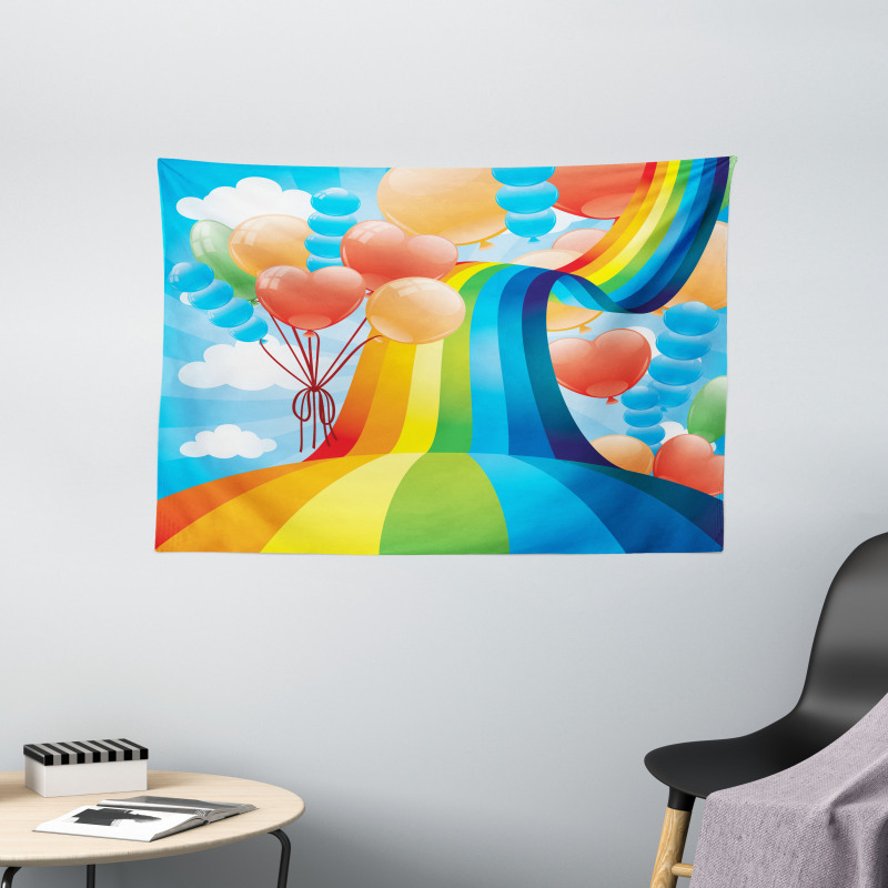 Rainbow Romantic Hearts Wide Tapestry
