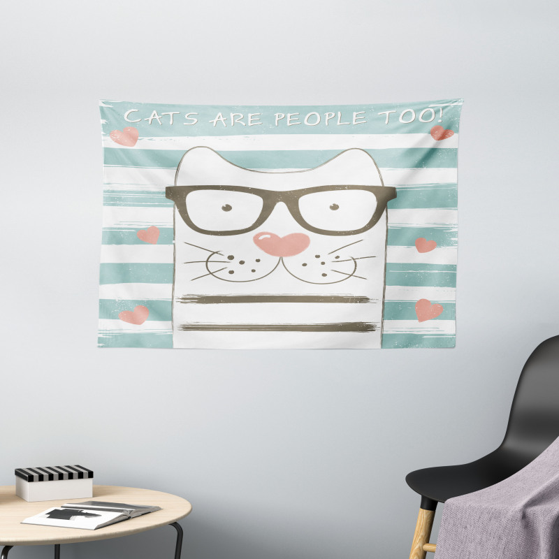 Hipster Cartoon Cat Art Wide Tapestry