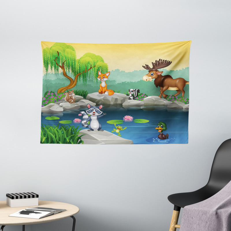 Funny Mascot Animals Wide Tapestry