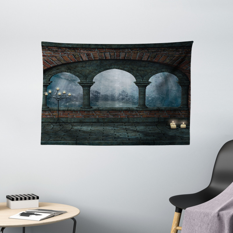 Medieval Castle at Night Wide Tapestry