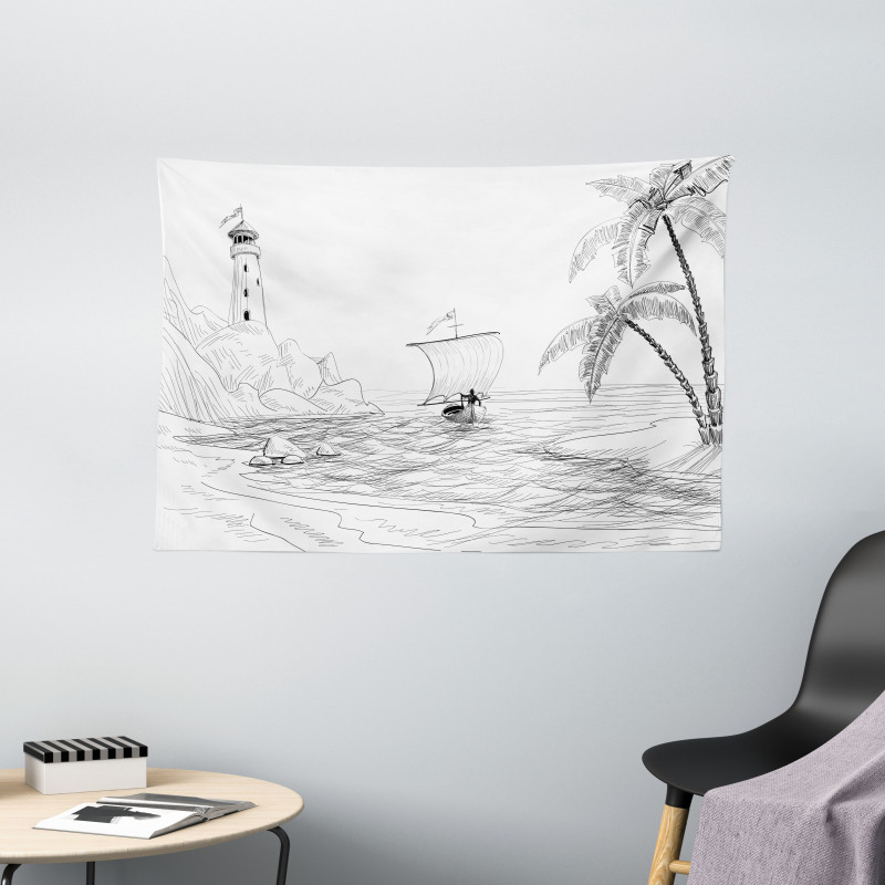Sketch with Boat Palms Wide Tapestry
