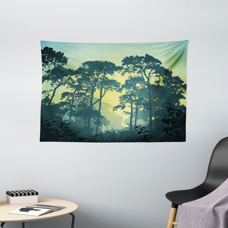 Mist Forest Trees Scene Wide Tapestry