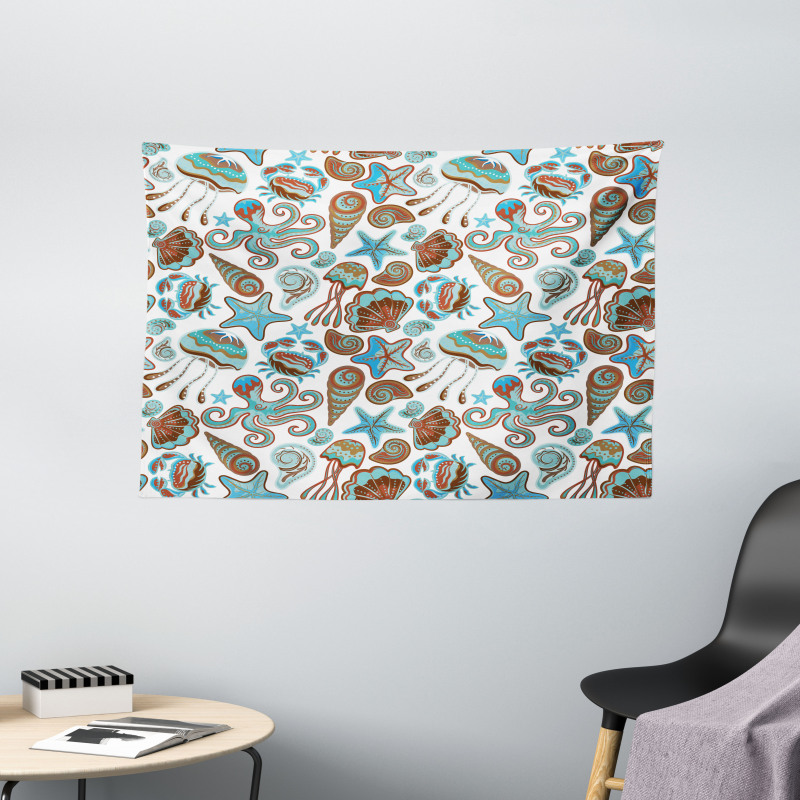 Crabs Octopus Shells Sea Wide Tapestry