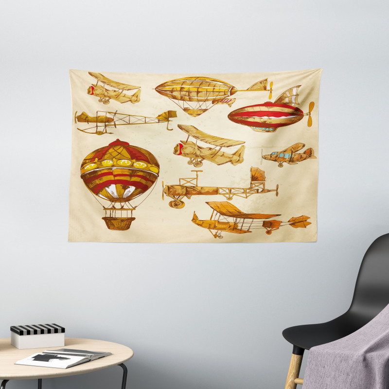 Vintage Baloons Planes Wide Tapestry