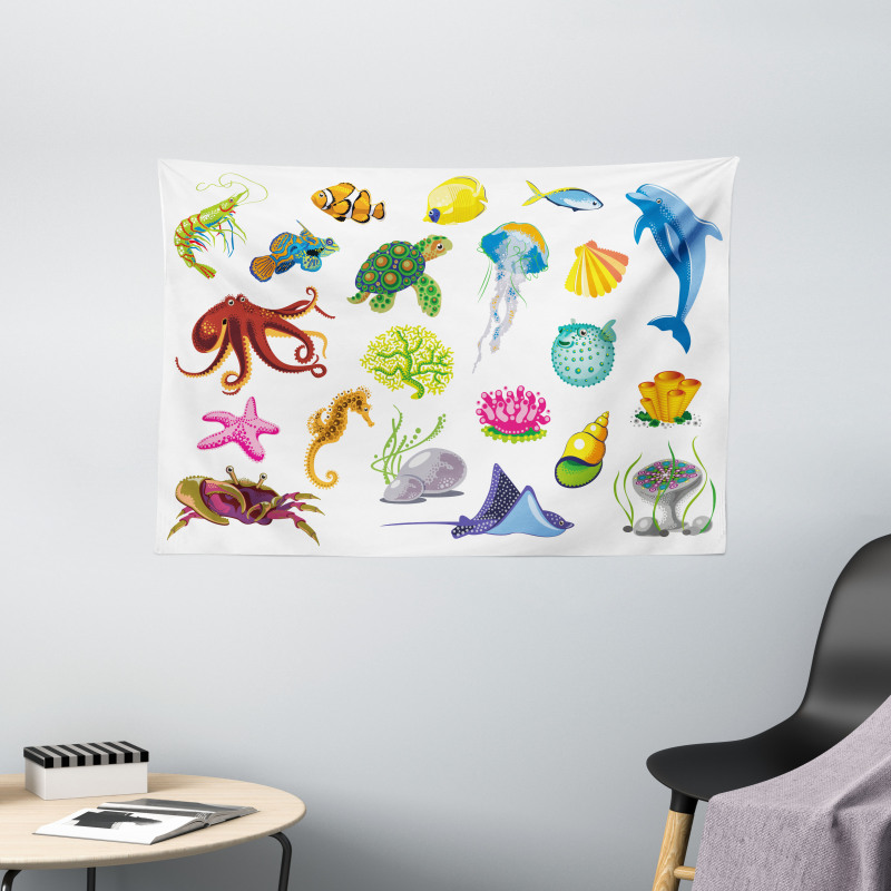 Sea Animals Octopus Fish Wide Tapestry