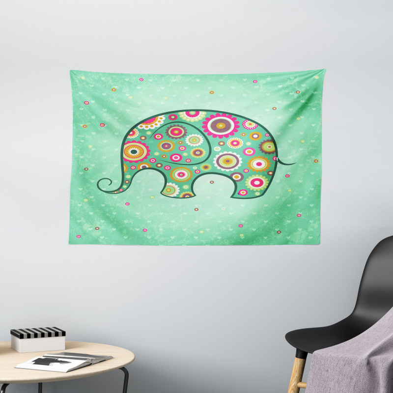 Elephant with Flowers Wide Tapestry