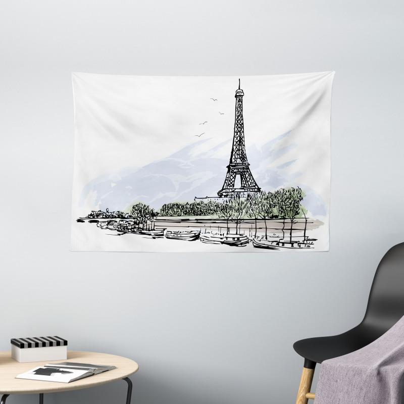 Eiffel Tower Birds Trees Wide Tapestry