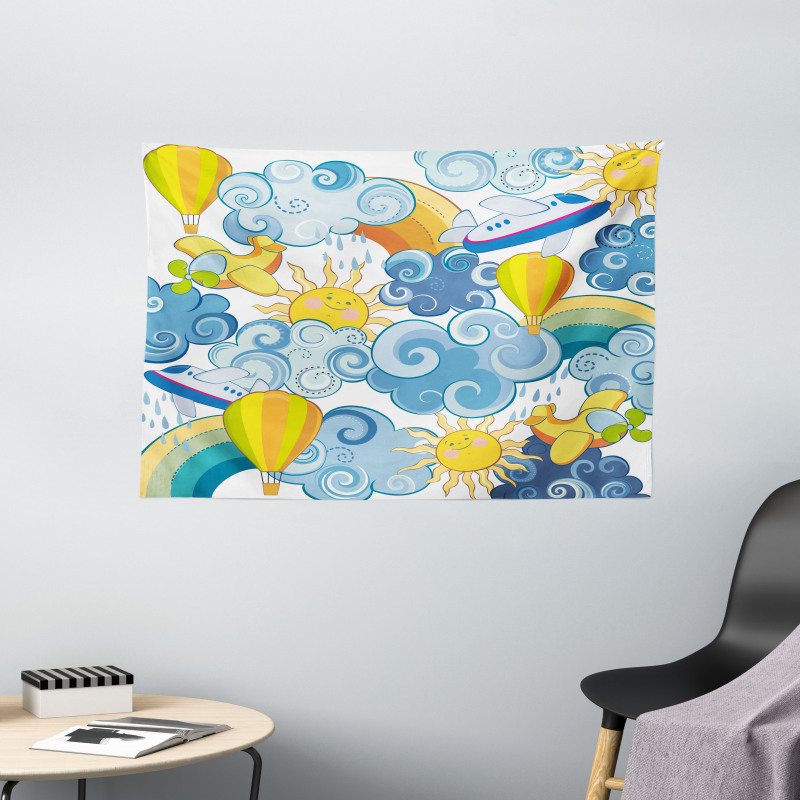 Sun Airplanes and Balloons Wide Tapestry