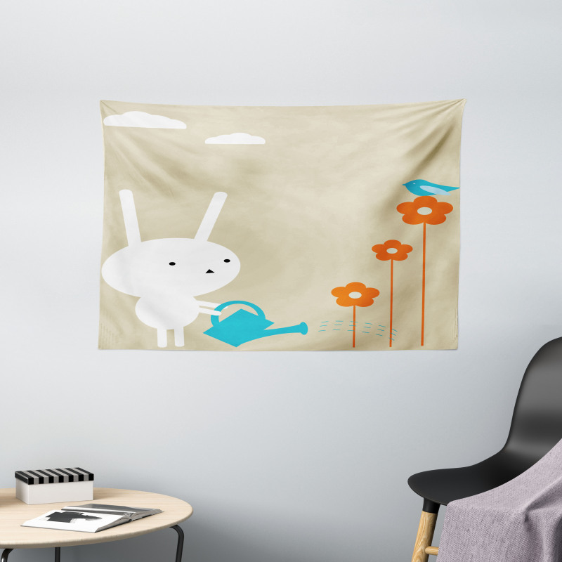 Bunny with Flowers Wide Tapestry