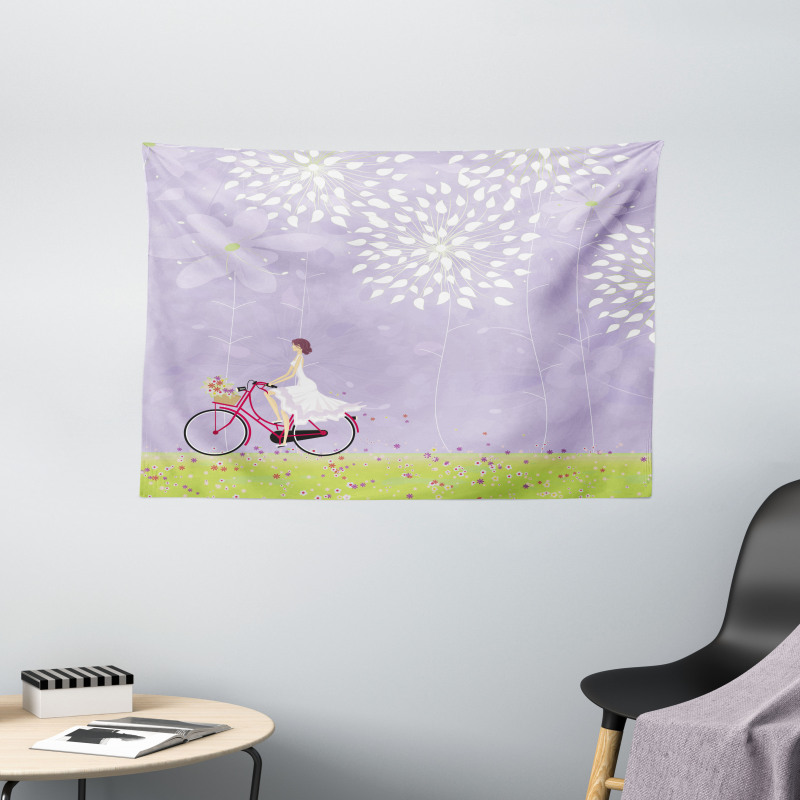 Girl Riding Bike Windy Wide Tapestry