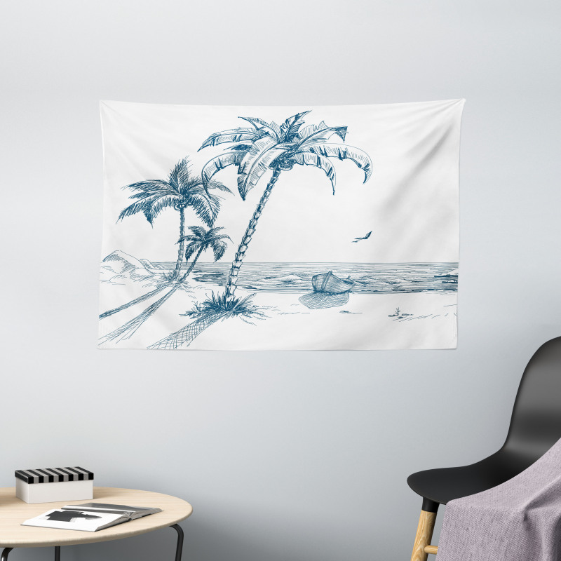 Palm Tree Boat Sketch Wide Tapestry