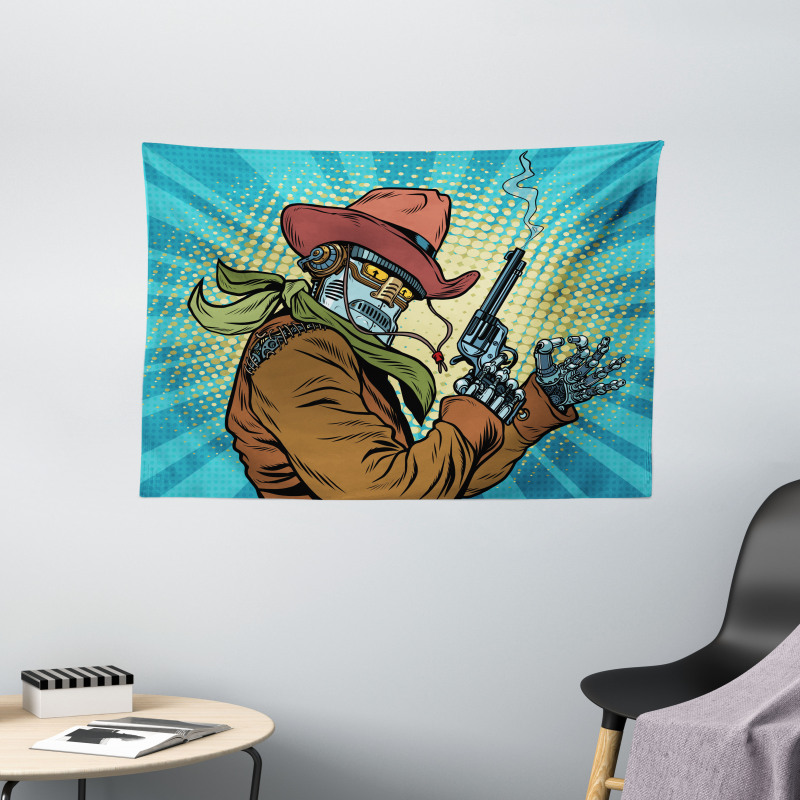 Western Style Robot Cowboy Wide Tapestry