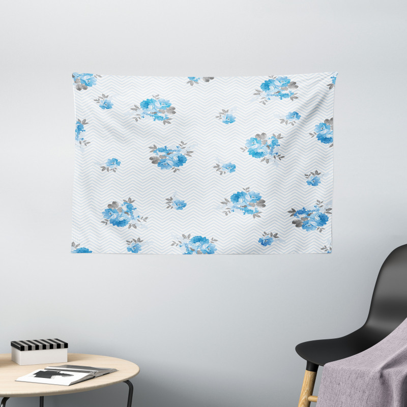 Blue Color Romantic Flower Wide Tapestry