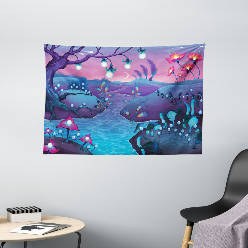 River Mushrooms Trees Wide Tapestry