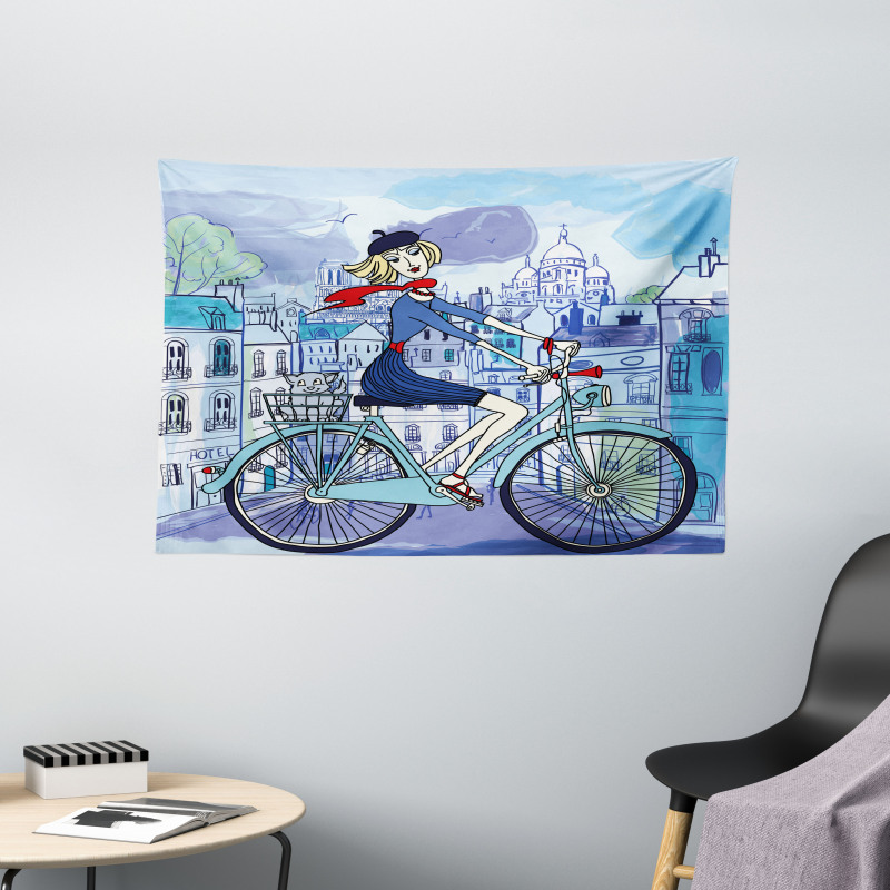 Woman on Bicycle with Cat Wide Tapestry