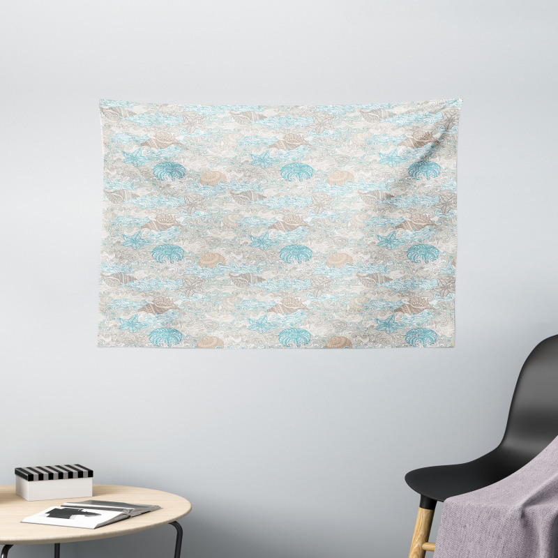 Pastel Toned Seashells Wide Tapestry